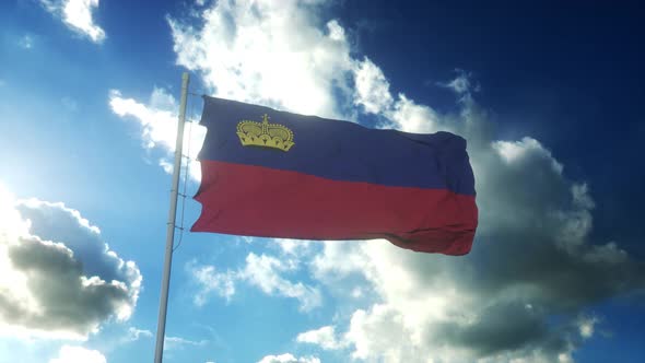 Flag of Liechtenstein Waving at Wind Against Beautiful Blue Sky alt