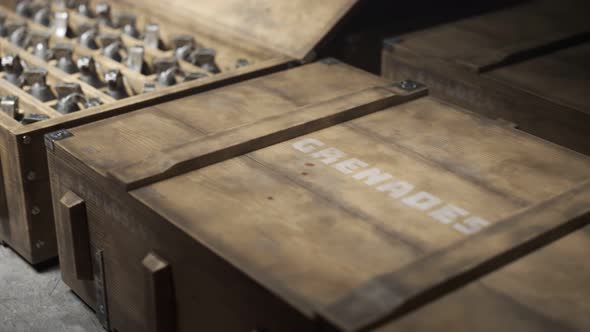 Military boxes with grenades. Huge stack. Warehouse. Endless animation. 4KHD alt