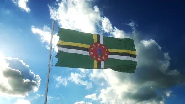 Flag of Dominica Waving at Wind Against Beautiful Blue Sky alt