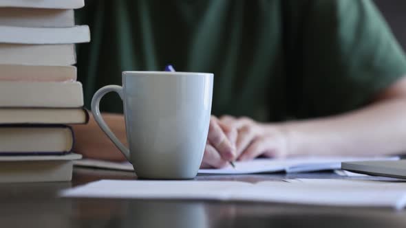 Closeup view as woman working with notebook and cup at home