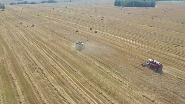 Agricultural Combines Harvest Ripe Wheat Crops On Farm Field Aerial View alt