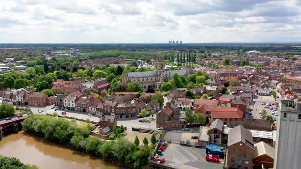 Aerial footage of the historical Selby Abbey in the town of Selby in York North Yorkshire in the UK  alt