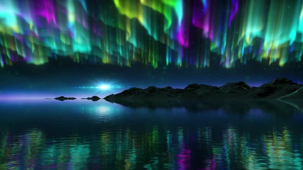 Colorful Northern Lights Reflected on the Sea