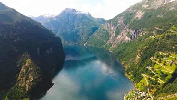 Panoramic drone landscape of Geiranger fjords, Geirangerfjord, Norway alt