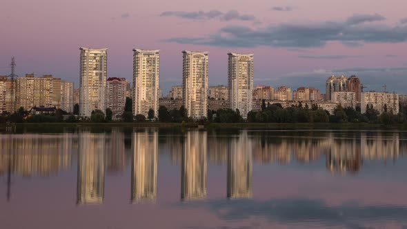 High Rise Buildings Of The City Near The River, Timelapse