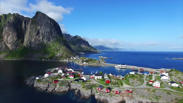 Aerial of scenic village Hamnoya on Lofoten islands in Norway.