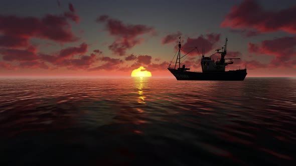 A fishing boat at sunset 4K
