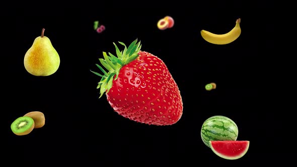 Moving animation of fruits. Transparent background and loop video.  alt