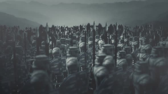 Big Army Of Medieval Warriors Holding Axes.