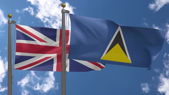 United Kingdom Flag Vs Saint Lucia Flag On Flagpole alt