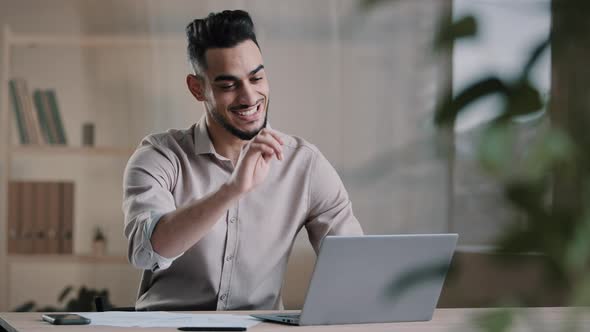 Happy Satisfied Arab Man Worker Businessman Hispanic Guy Finished Work Task on Computer Sit at Home alt