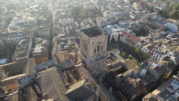 Aerial view of iconic Granada Cathedral bell tower; Roman Catholic church