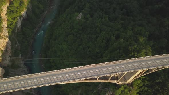 Djurdjevic Bridge Over the Tara River in Northern Montenegro. Aerial Footage