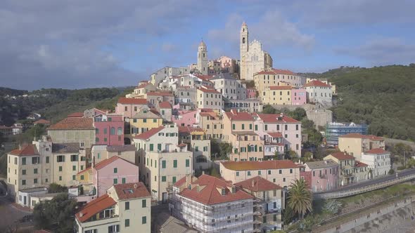 Aerial view of Cervo medieval town in Imperia, Liguria, Italy alt