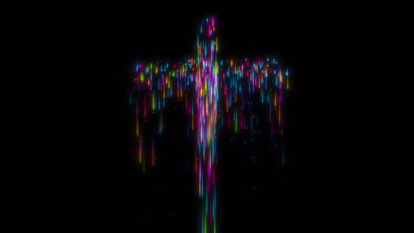 Abstract multi colored glowing light streak particle loop of the Holy Cross over black background
