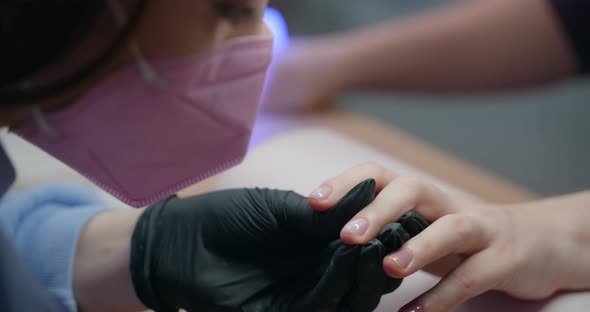 Manicurist Applies Gel Lacquer to the Nails of the Client at Beaty Salon Cosmetology and Beauty alt