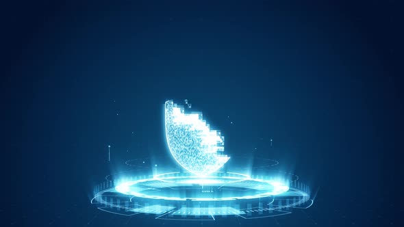 Blue security shield logo with futuristic technology and levitation particle on abstract background