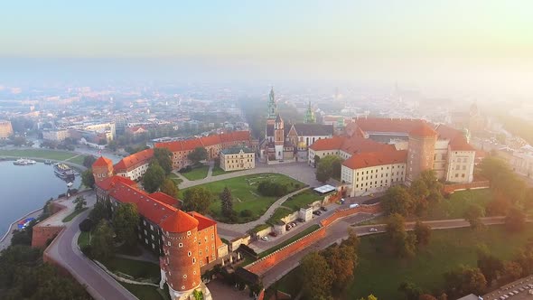 Krakow, Poland. Wawel Royal Castle and Cathedral, Vistula River. Aerial alt