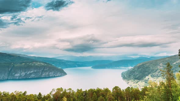 Utvik, Sogn Og Fjordane County, Norway. Norwegian Mountain Lake Landscape. The Innvikfjord Is A Sub alt