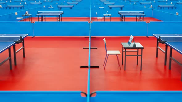 Table tennis arena.Tracking view of ping pong tables ready to play. Table layout alt