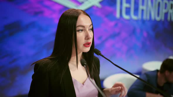 Speaker Talk Economic Forum Stage Microphone. Corporate Woman Speaking Audience alt