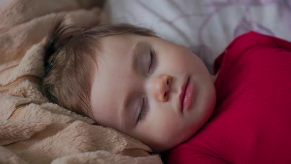 Portrait of a Peaceful Adorable Baby Sleeping on His Bed in a Room at Home alt