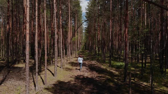 Happy Woman Runs Along Sunny Cut Path Clearing in Pine Forest alt