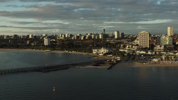 Beautiful Sunset Drone Footage of St Kilda Beach Melbourne City Australia alt