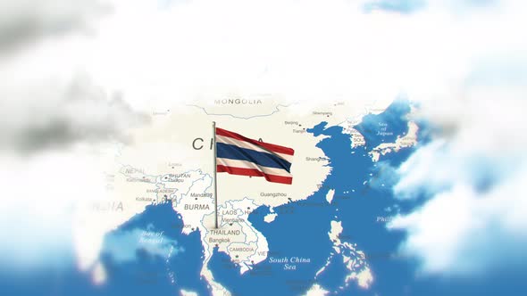 Thailand Map And Flag With Clouds