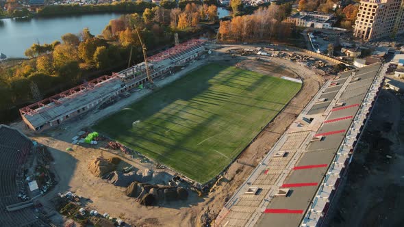 Autumn City Of Rivne Ukraine, Reconstruction Of The Stadium. Aerial Shot