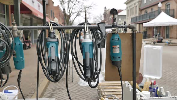 Ice sculpting tools hanging. Slow pan left alt