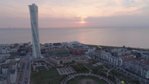 Aerial View of Malmö Cityscape at Sunset