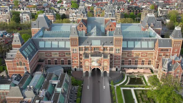 Rijksmuseum in Amsterdam, Netherlands aerial view. Dutch national museum, famous place to visit.