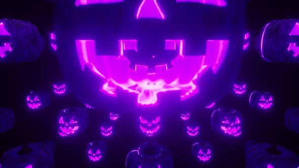 Endless Flight Through Halloween Pumpkins with Scary Faces. Camera Movement Through the Pumpkins alt