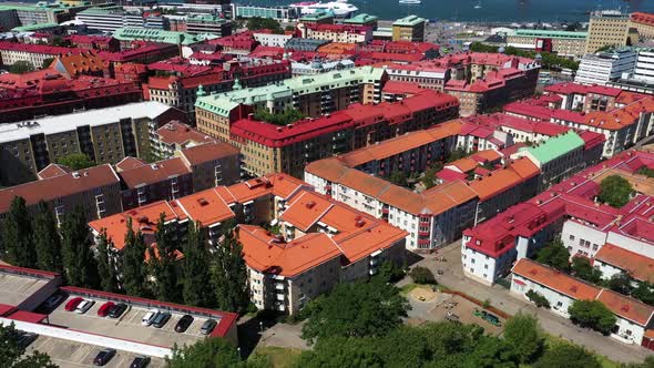 Colorful Roofs Of Gothenburg Sweden At Daytime - aerial drone shot alt