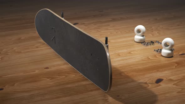 Skateboard assembly process. Elements of the board combining in order. Render 4k alt