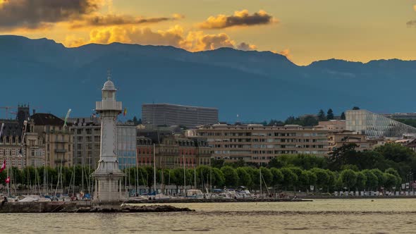 Geneva Switzerland Bain Des Paquis Lighthouse At Sunset 4 K Hd 16x9 23.976 alt