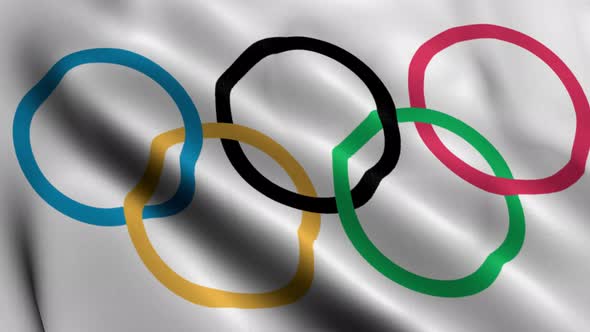 Opympic Rings Satin Flag. Waving Fabric Texture of the Flag of Opympic Game alt