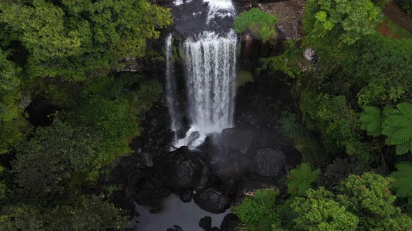 Zillie Falls waterfall with rainforest top down aerial, Atherton Tablelands, Queensland, Australia alt