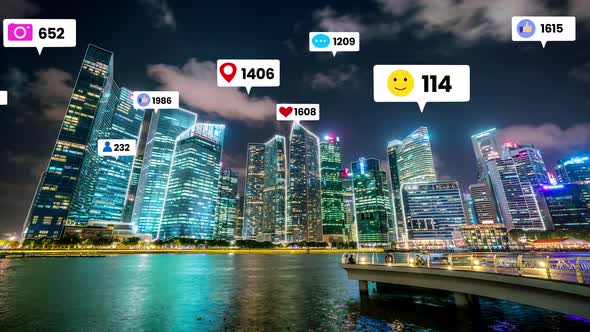 Social Media Icons Fly Over City Downtown Showing People Engagement Connection alt