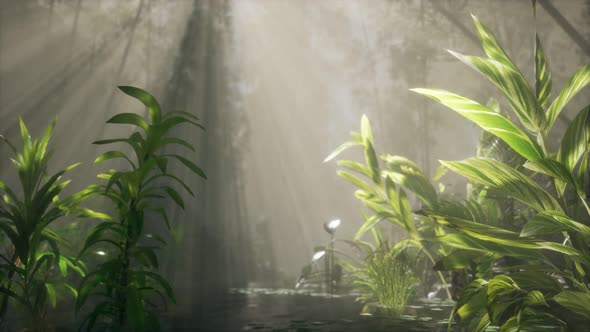 Sun Shining Through Trees and Fog in a Tropical River alt