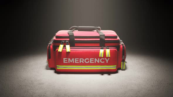 The red emergency first aid bag in the studio spotlight. Paramedic kit. 4KHD alt