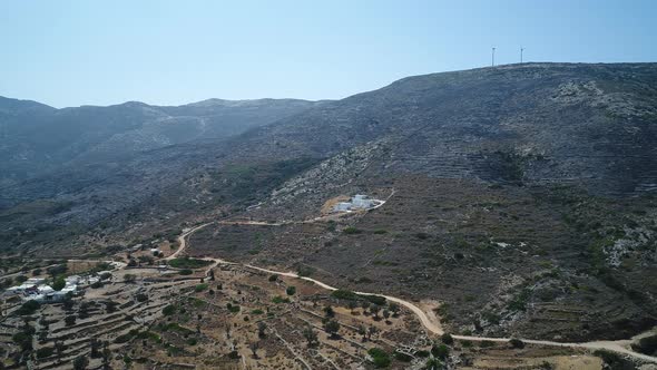 Mylopotas on the island of Ios in the Cyclades in Greece seen from the sky alt