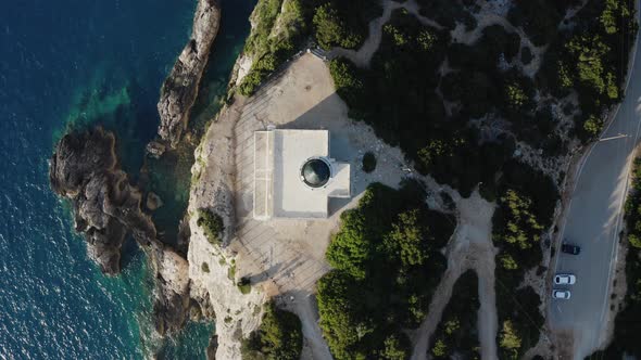 Top down view of Cape of Ducato, famous lighthouse of Greek island Lefkada. alt