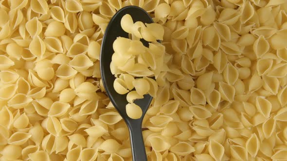 Spoon with a figural pasta (conchiglie) falls on a figural pasta
