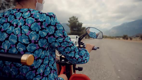 Girl Having Fun On Vacation Holiday Ride On Motorcycle. Adventure Freedom Trip. Motorbike. alt