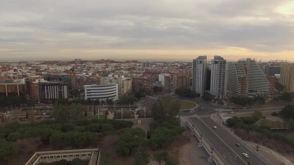 Aerial Shot of Valencia with Angel Custodi Bridge, Turia Gardens and Buildings alt