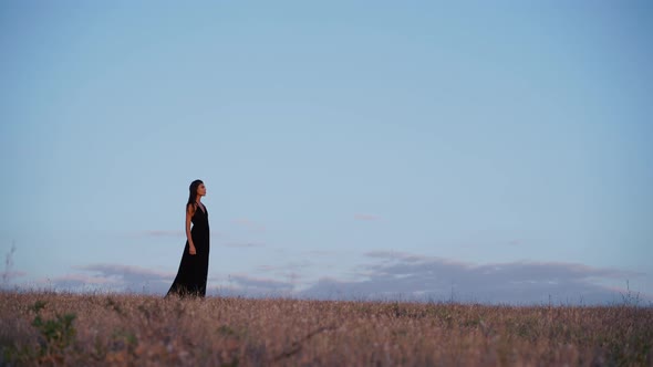 Side View of a Beautiful Brunette Model in Long Black Dress Going Towards the Sun alt