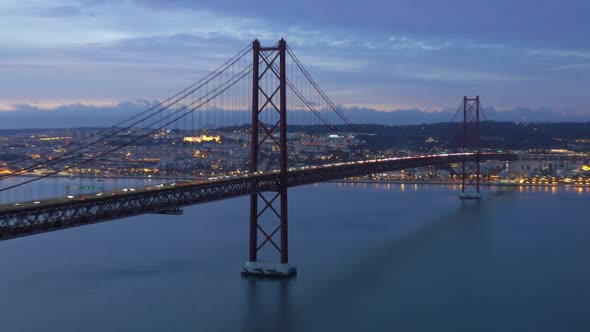 Bridge of 25Th April with Car Traffic After Sunset alt