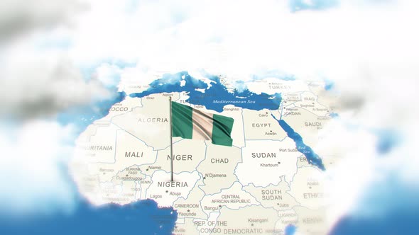 Nigeria Map And Flag With Clouds